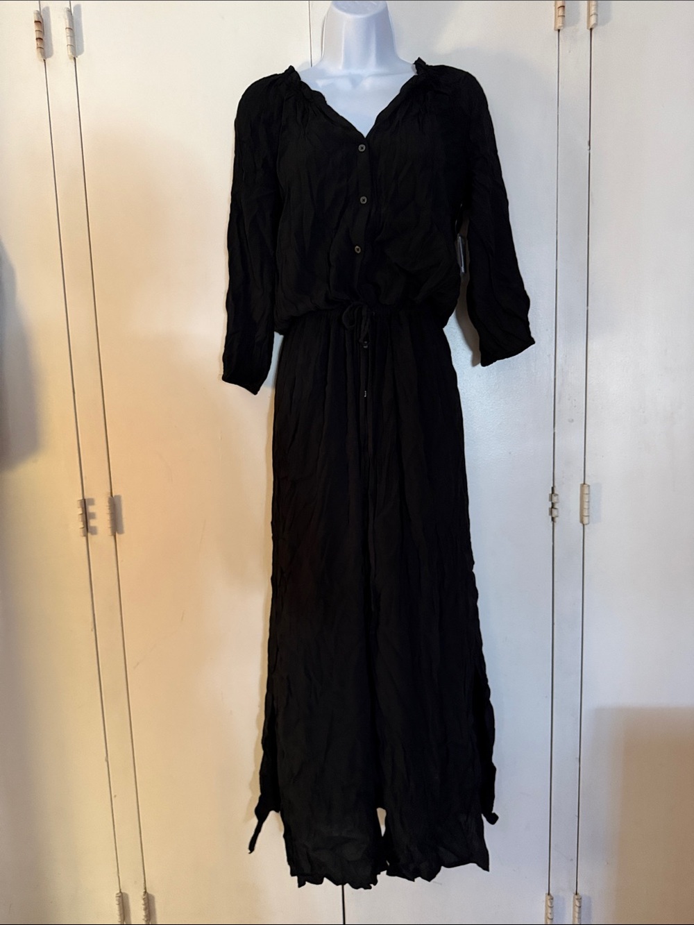GAP Black Button-Front Maxi Dress with Drawstring Waist